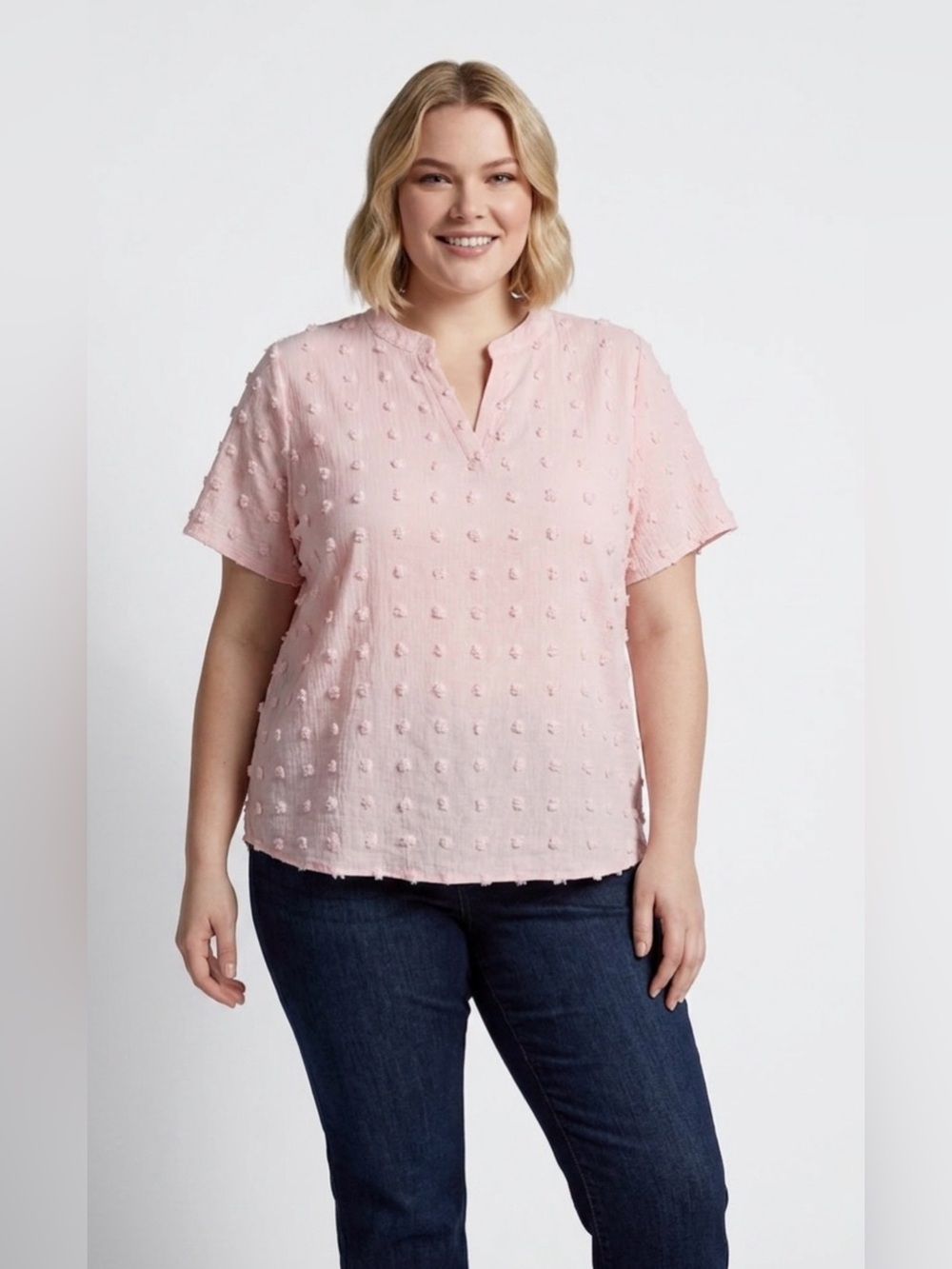 Women's Pink Textured Split-Neck Top
